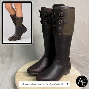 UGG Elsa Waterproof Tall Boots Brown Leather Wool Lace Up Side Zip 1005578 Sz. 6